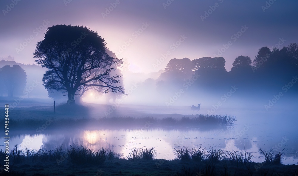  a foggy lake with a tree in the middle of it and a person walking in the distance on a foggy day in