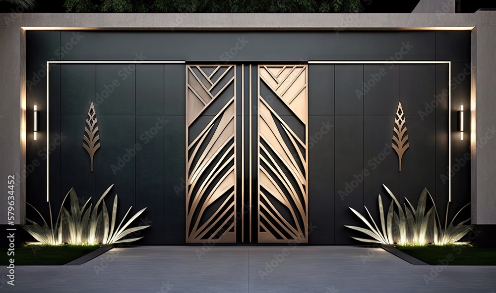  a modern entrance with a large metal door and planters on the side of the building at night with li