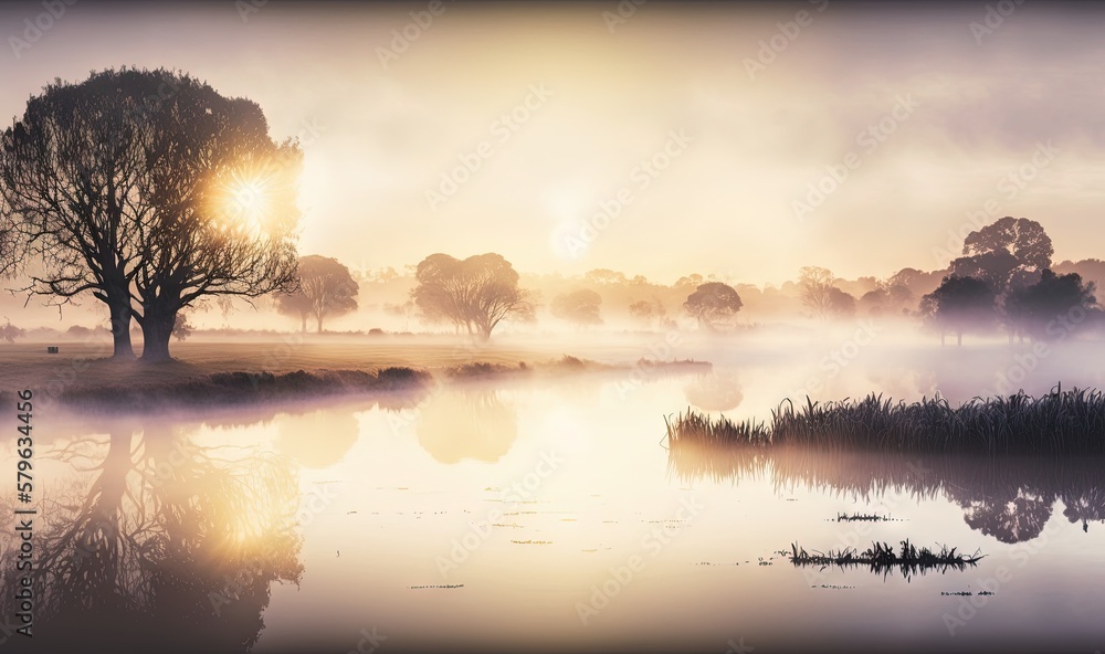  a foggy lake with trees and grass in the foreground and the sun in the distance with a few clouds i