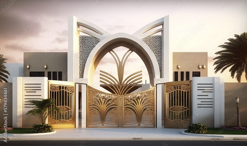  a large white building with a gate and palm trees in front of the entrance to the building is a pal