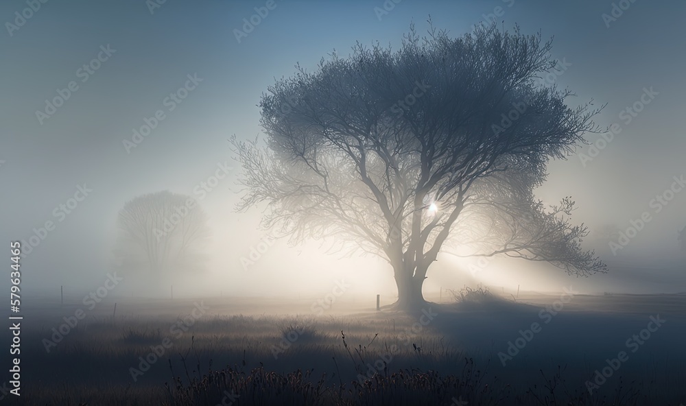  a foggy field with a lone tree in the foreground and a person walking in the distance in the distan