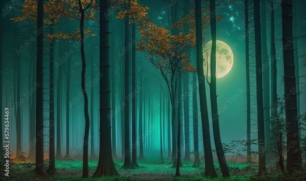  a forest with a full moon in the sky and trees in the foreground, with a green glow on the ground, 