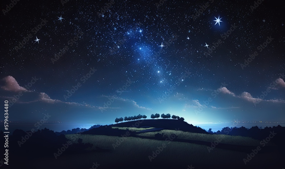  a painting of a night sky with stars above a hill with trees and a hill top in the foreground, and 