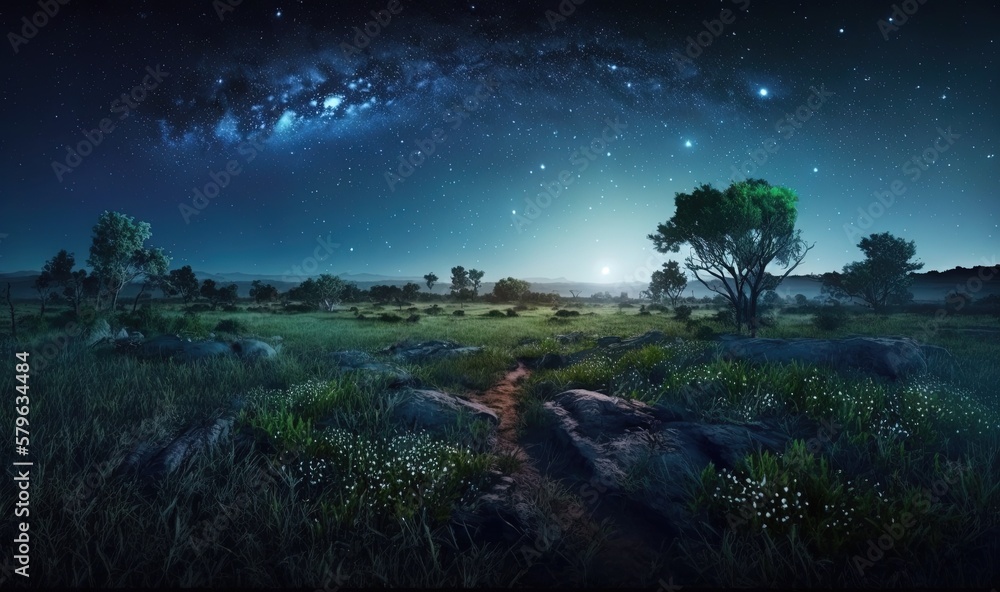  a night scene with stars and a tree in the foreground and a field with rocks and grass in the foreg