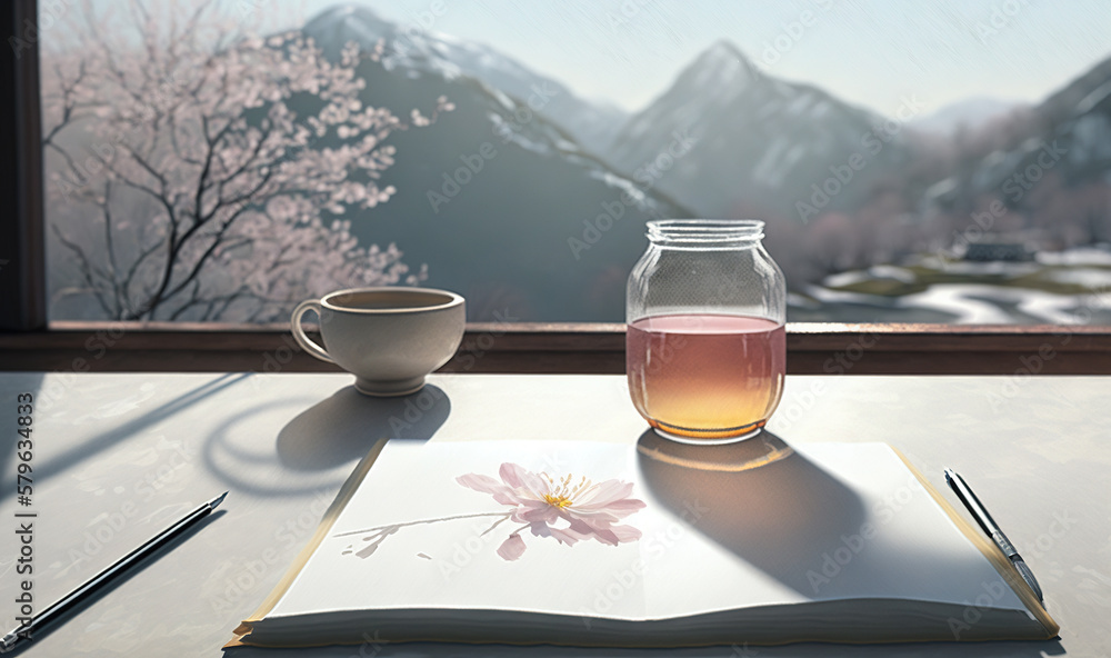  a cup of tea and a book on a table with a view of mountains and a teapot with a flower on it and a 