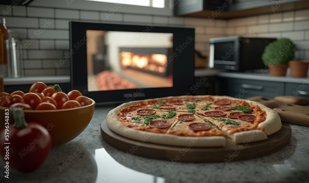  a pizza sitting on top of a counter next to a bowl of tomatoes and a bowl of tomatoes on a counter 