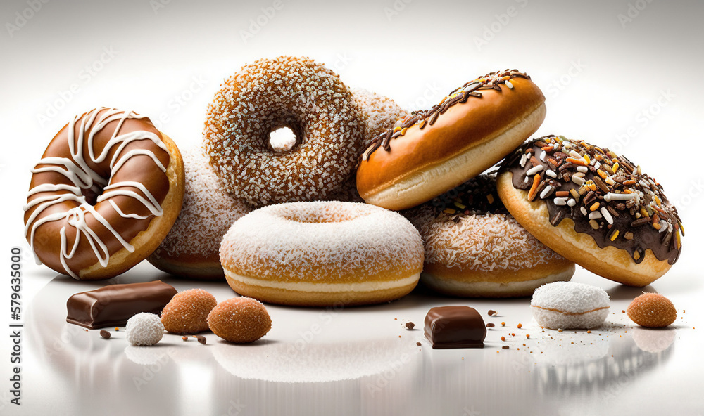  a pile of assorted donuts sitting on top of a white table next to a pile of assorted chocolate cove