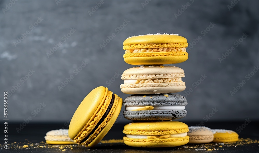  a stack of yellow and grey macaroons on a black surface with a gray background and a gray wall behi