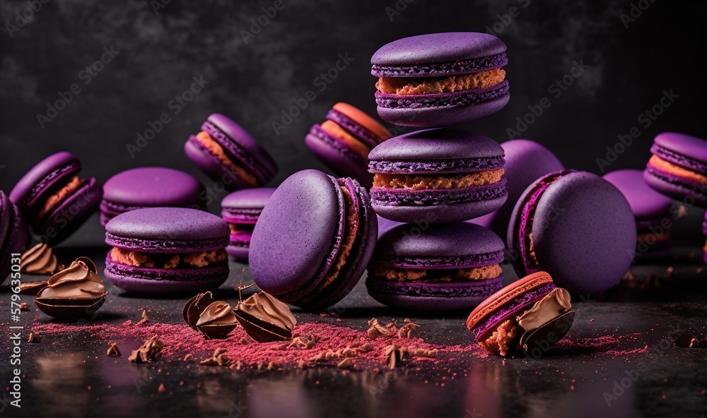  a pile of purple macaroons sitting next to a pile of chocolate macaroons on top of a table next to 