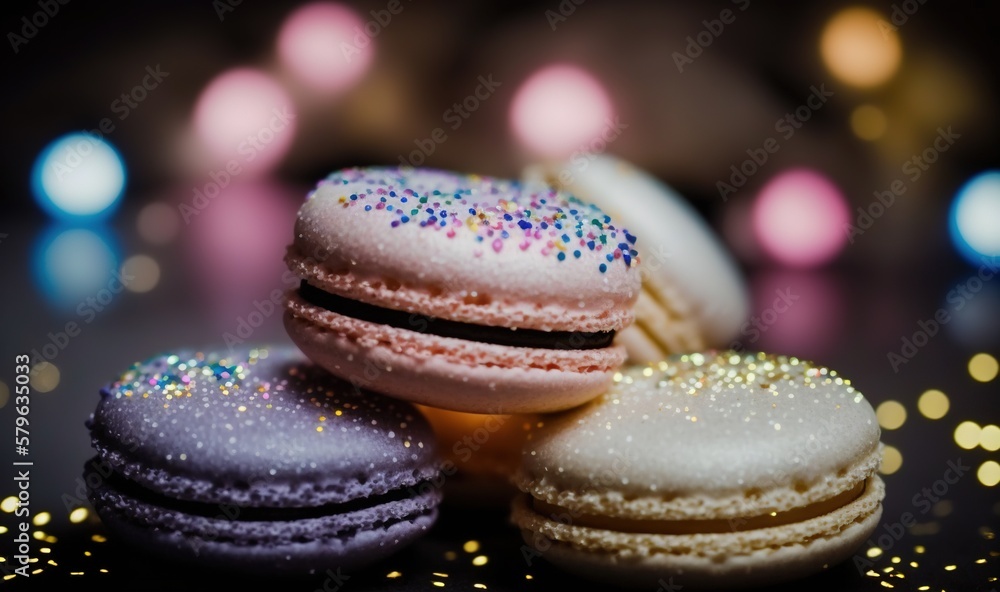  a close up of three macaroons with sprinkles on a black surface with a blurry light in the back gro