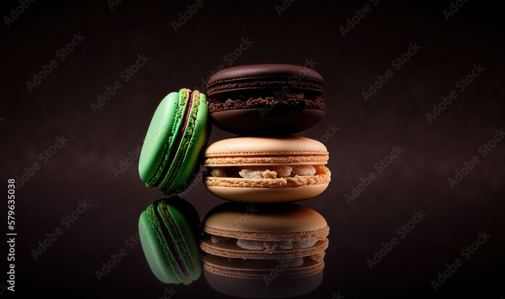  three macaroons stacked on top of each other on a black surface with a reflection of the macaroons 