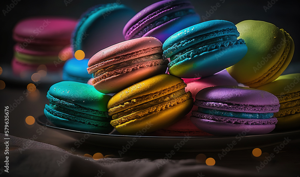  a plate of colorful macaroons sitting on a table with lights in the backgroup of the picture behind