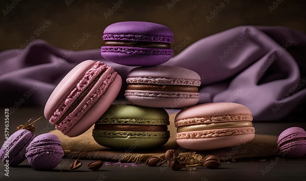  a pile of macaroons sitting on top of a table next to a purple cloth and a purple cloth behind them