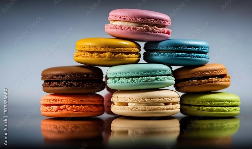  a stack of colorful macaroons sitting on top of each other on a reflective surface with a reflectio