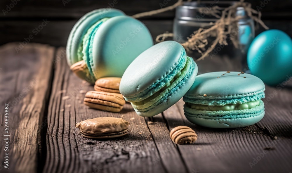  a wooden table topped with blue and green macaroni and cheese covered cookies next to a jar of pean