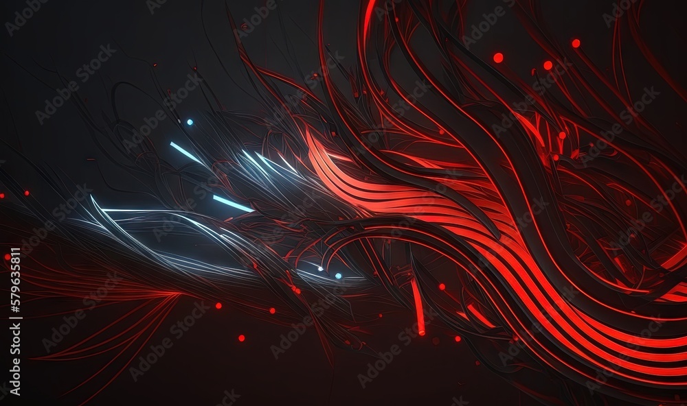  a red and blue abstract background with lines and dots on a black background with a red and blue li