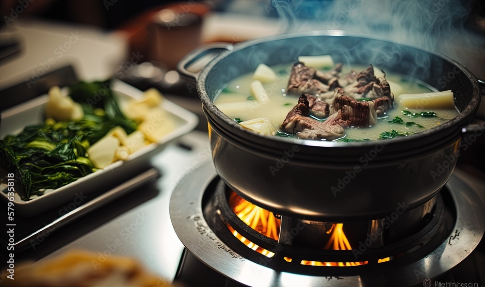  a pot of soup with broccoli and other food on a stove top next to a tray of other food on a counter