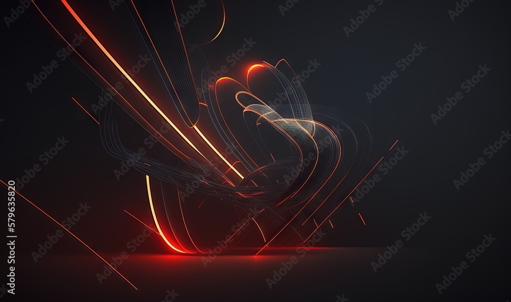  a red and black abstract background with lines and shapes on a black background with a red light at