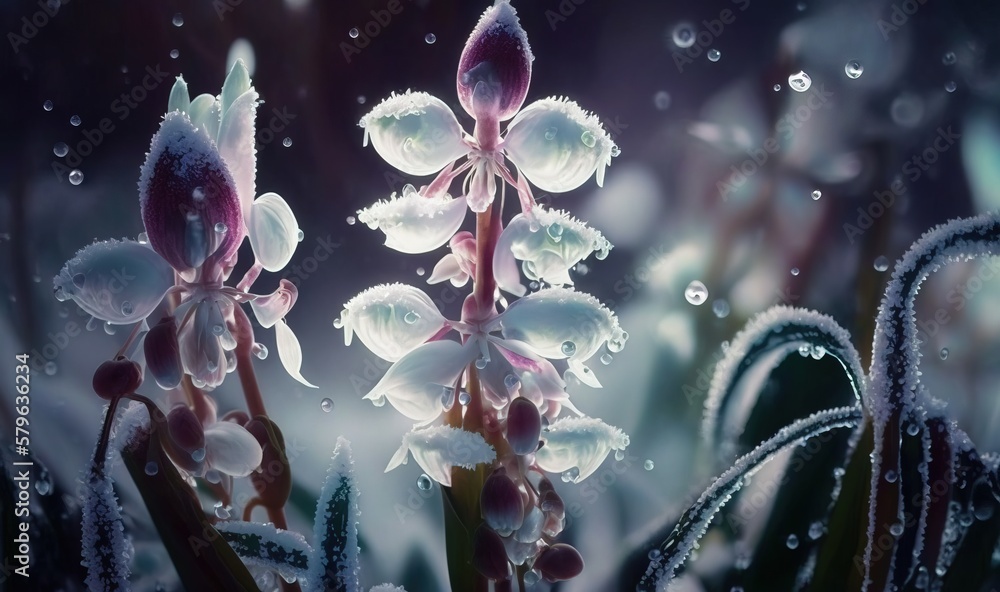  a close up of a plant with water droplets on its leaves and flowers in the foreground, with a dark