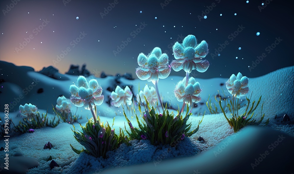  a painting of flowers in a snowy landscape at night with stars and snow on the ground and a full mo