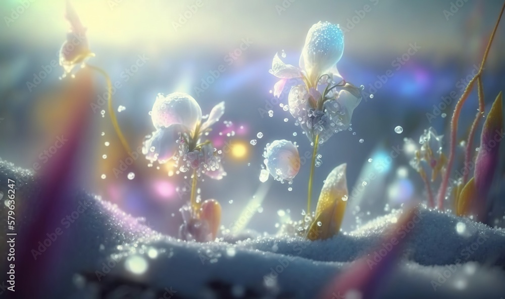  a painting of flowers in the snow with a sunbeam in the background and a blue sky in the foreground