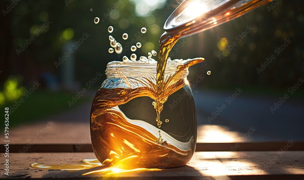  a glass jar filled with liquid on top of a wooden table next to a sidewalk and a green tree in the 