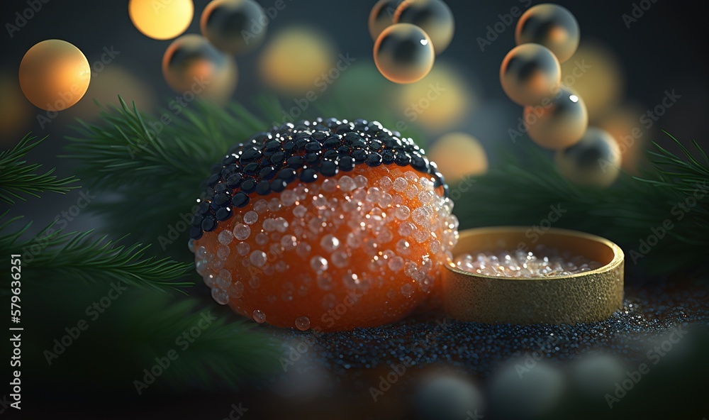  an orange and a ring are on a pine tree branch with bubbles in the air and a black background with 