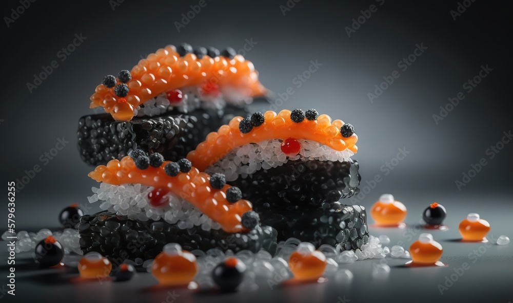  a close up of a sushi dish with black and orange decorations on top of rice and black and white bea