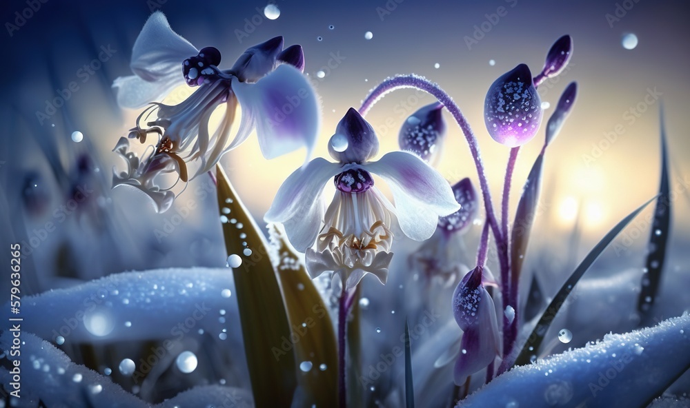  a group of flowers that are in the grass in the snow with drops of water on the grass and the sky i