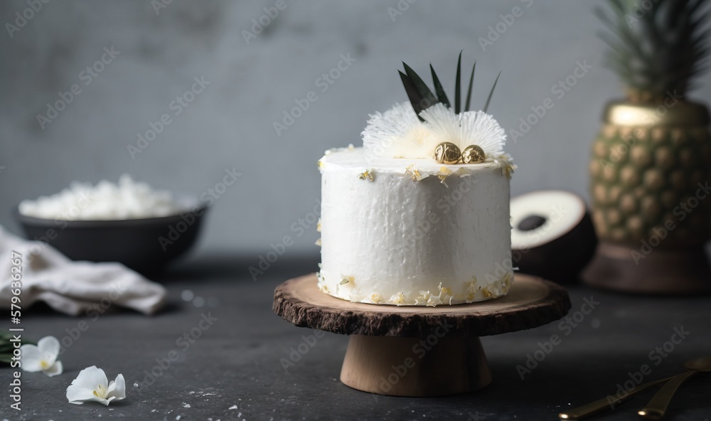  a white cake sitting on top of a wooden plate next to a pineapple and a pineapple slice on a wooden