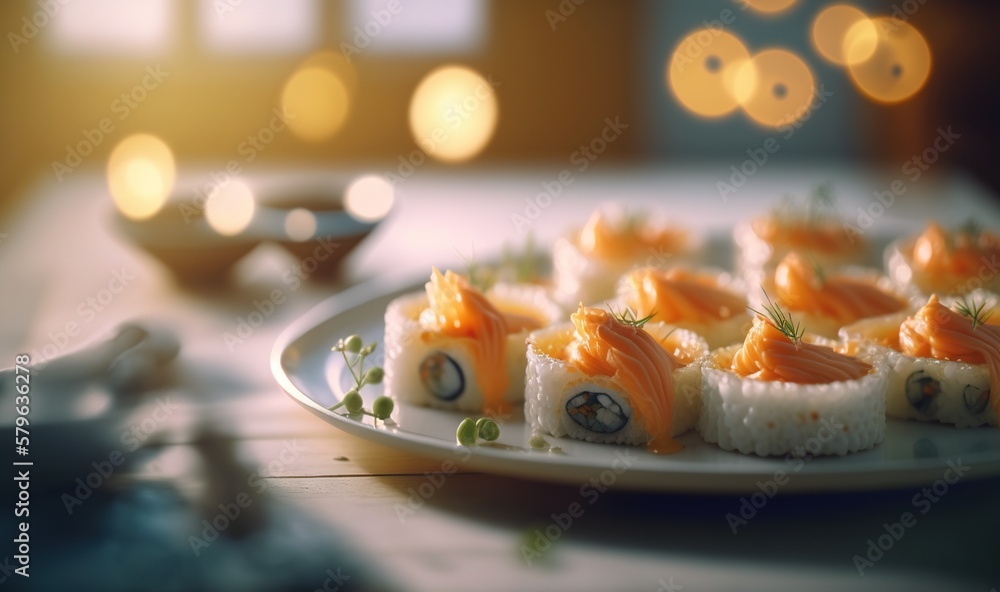  a plate of sushi on a table with a bowl of rice and a fork on the side of the plate and a bowl of c