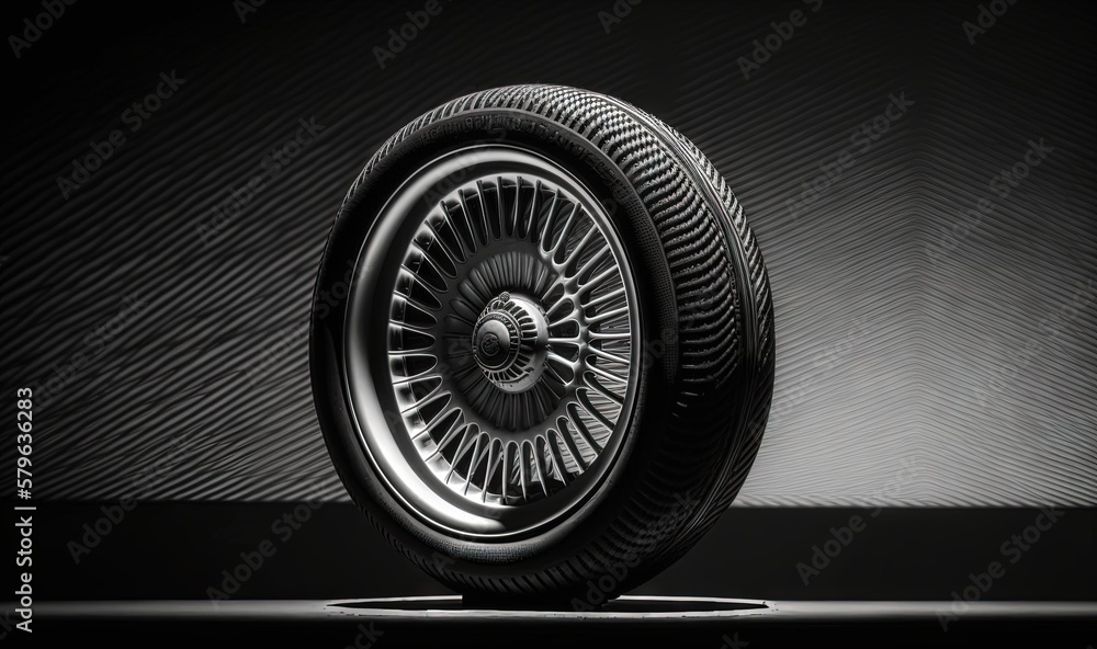  a black and white photo of a tire on a black background with a shadow of the tire on the floor and 