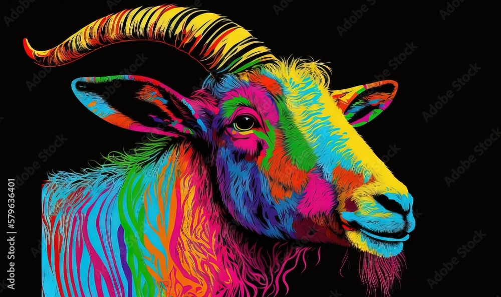  a colorful goat with long horns on a black background with a black background and a black backgroun