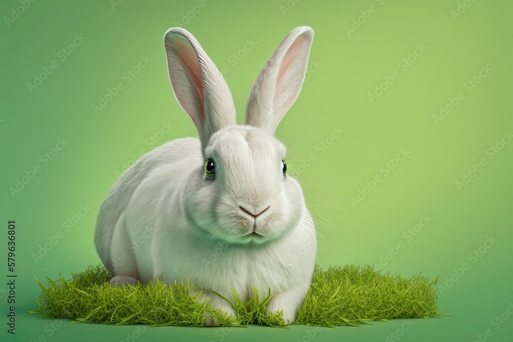  a white rabbit sitting on top of a green grass covered field with its eyes closed and ears wide ope