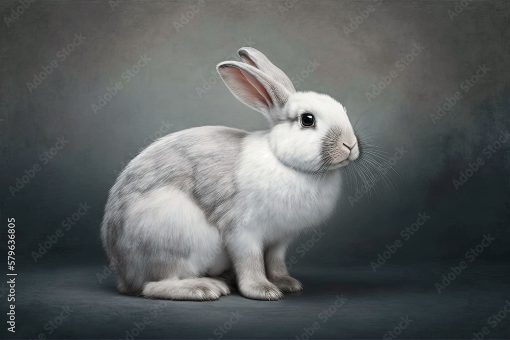  a white rabbit sitting on top of a gray floor next to a black background with a white rabbit on it