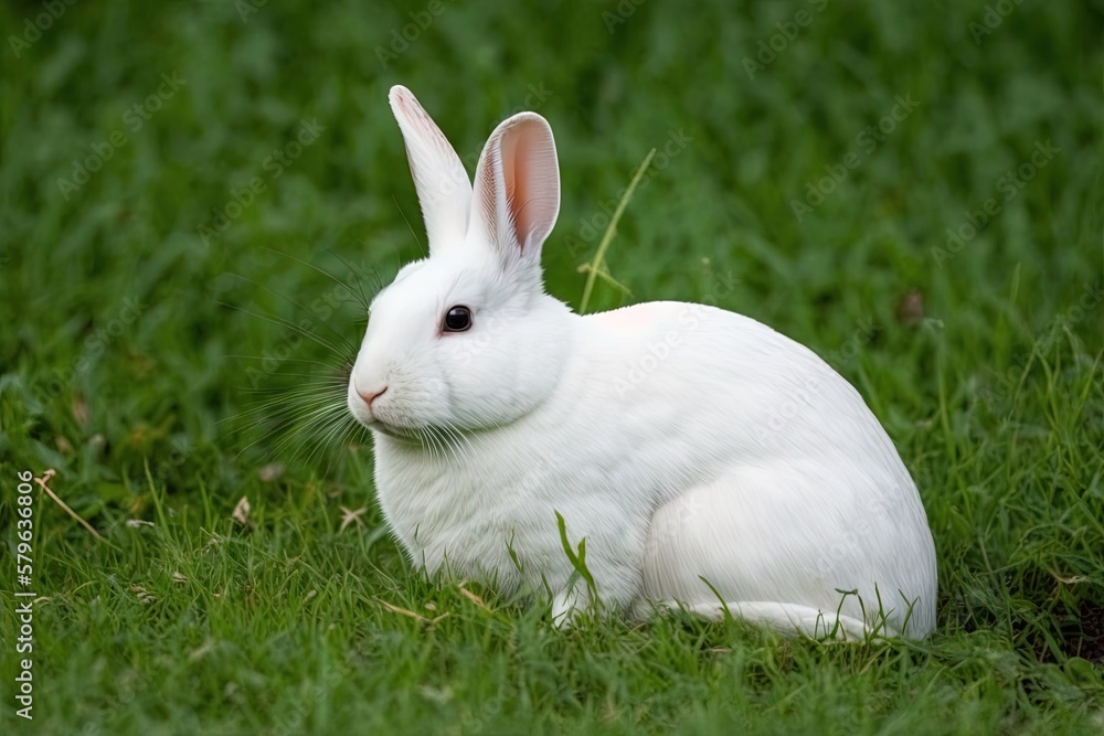  a white rabbit sitting in the grass looking at the camera with a sad look on its face and ears, wit