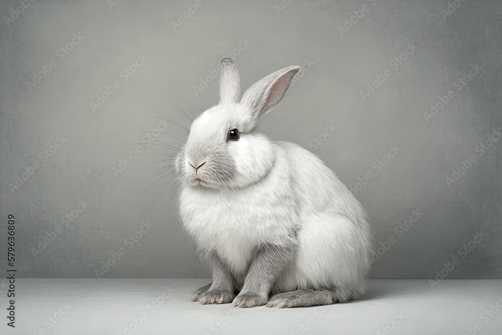  a white rabbit sitting on top of a white table next to a gray wall and a gray background with a whi