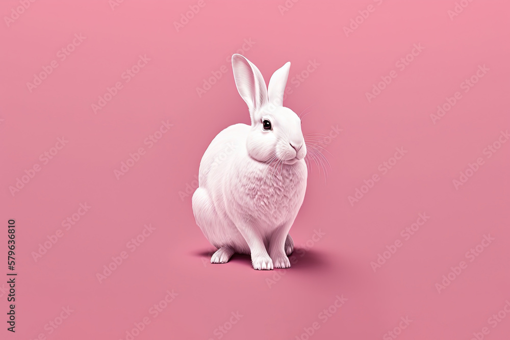  a white rabbit sitting on top of a pink surface next to a pink wall and a pink background with a wh