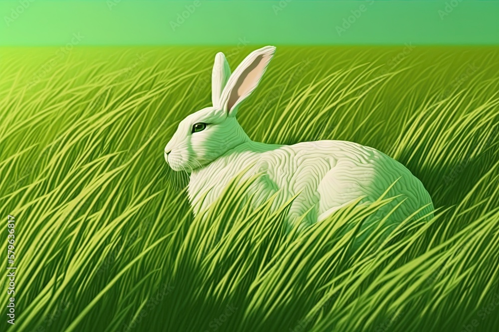  a white rabbit is sitting in the tall grass in a field of tall grass, with a green sky in the backg