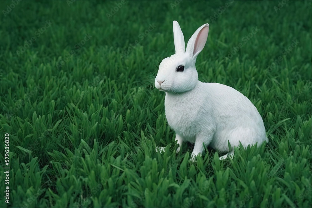  a white rabbit sitting in the middle of a field of green grass with grass growing all around its s