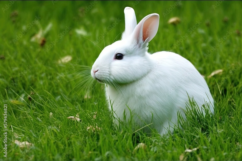  a white rabbit sitting in the grass looking at the camera with a curious look on its face and ears,