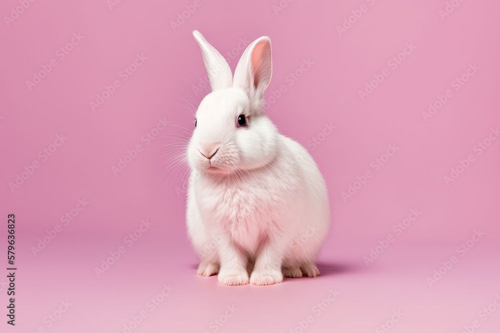  a white rabbit sitting on top of a pink background with a pink background and a white rabbit sittin