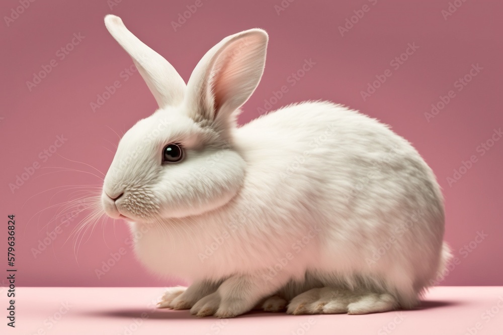  a white rabbit sitting on top of a pink floor next to a pink wall and a pink background with a whit