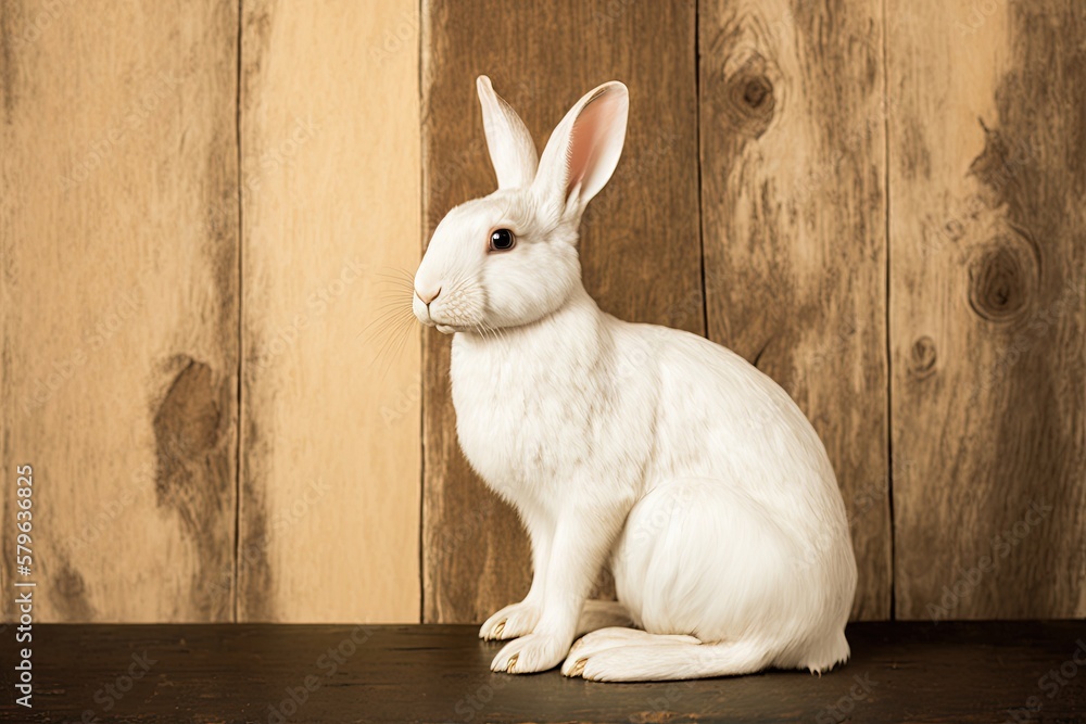  a white rabbit sitting on top of a wooden table next to a wooden wall and a wooden door with a whit