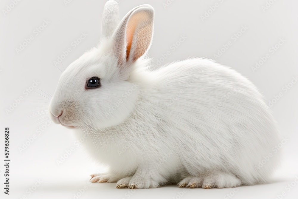  a white rabbit sitting on top of a white floor next to a white wall and a white wall behind it is a