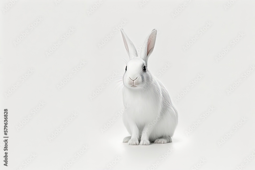  a white rabbit sitting on top of a white floor next to a white wall with a white background and a b