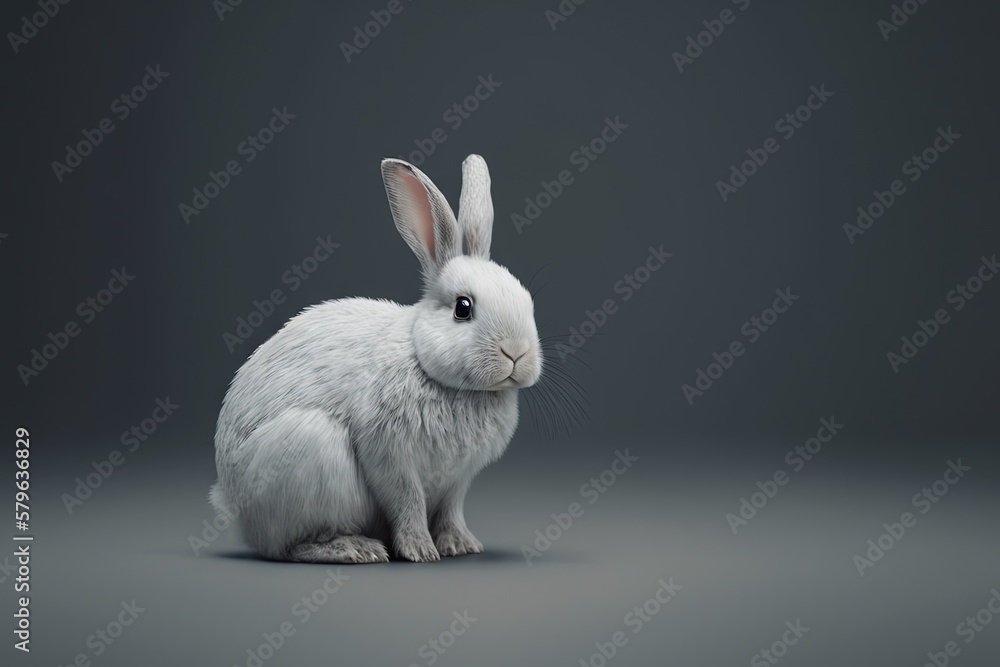  a white rabbit sitting on top of a gray floor next to a black background with a white rabbit sittin