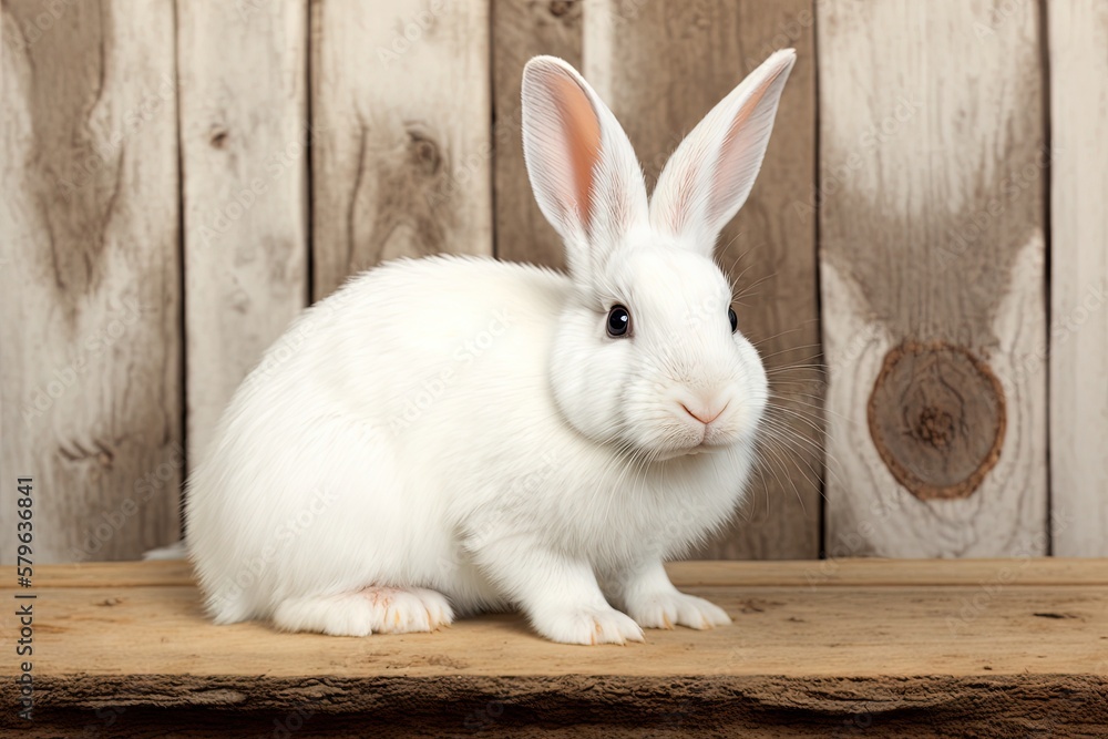  a white rabbit sitting on top of a wooden table next to a wooden wall and a wooden fence in the bac