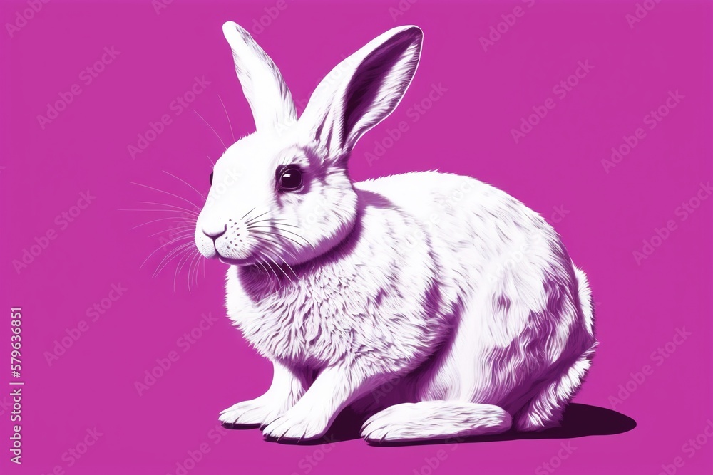  a white rabbit sitting on a pink background with a black outline of a rabbit in the middle of the f