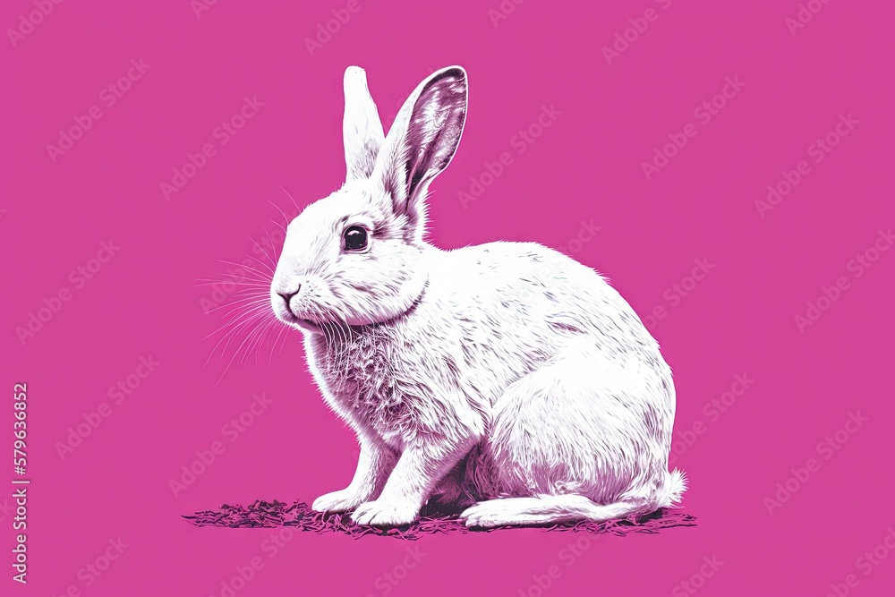  a white rabbit sitting on top of a pink background with a pink background and a white rabbit sittin